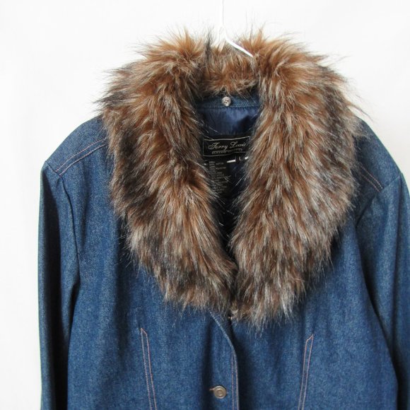 VINTAGE 70S Denim Jacket with Faux Fur Collar Dark Blue Wash Size Large - Picture 2 of 12